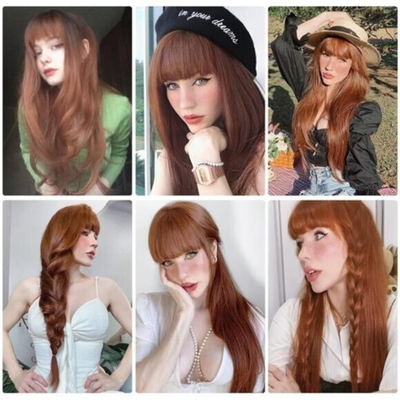 Long Auburn Wig with Bangs Layered Curly Wigs for Women